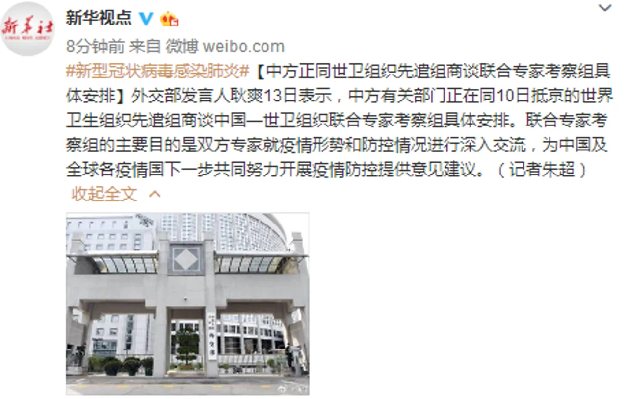 中方正同世卫组织先遣组商谈联合专家考察组具体安排
