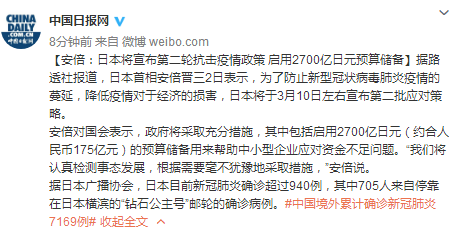 安倍：日本将宣布第二轮抗击疫情政策 启用2700亿日元预算储备