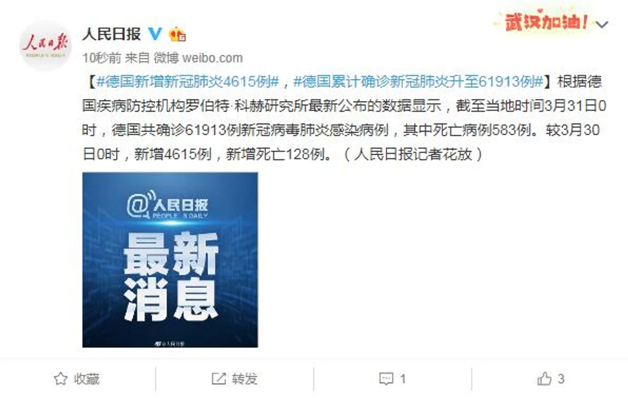 德国新增新冠肺炎4615例,德国累计确诊新冠肺炎升至61913例