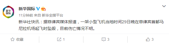 外媒：一架小型飞机在菲律宾首都马尼拉机场起飞时坠毁