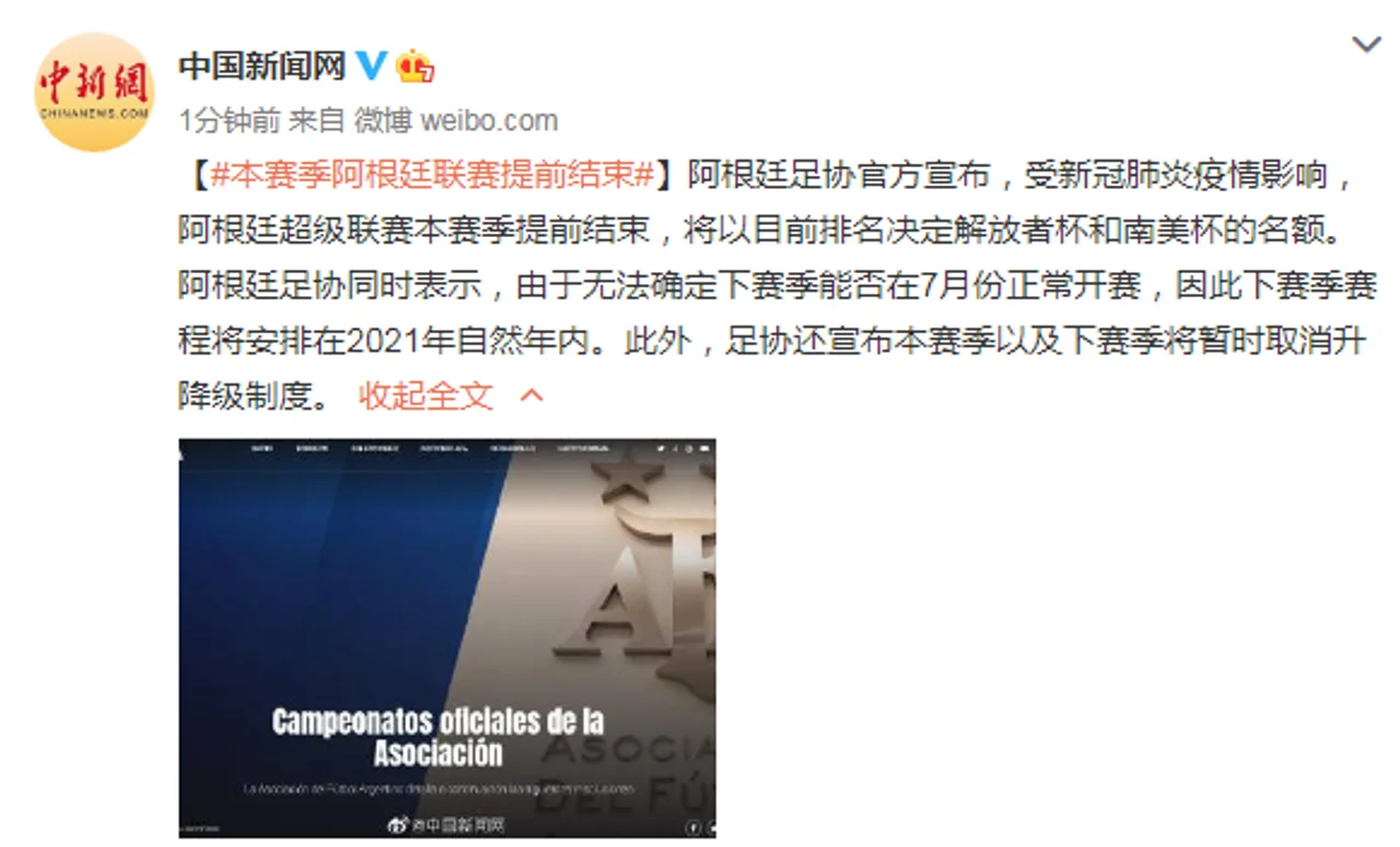 阿根廷足协:本赛季阿根廷联赛提前结束