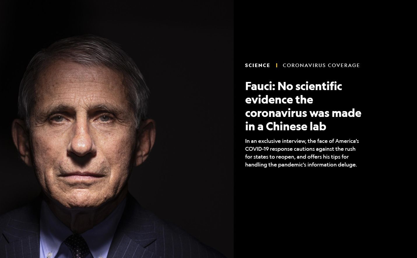 福奇接受美国《国家地理》专访 指责无依据的病毒起源争论是“循环论证”