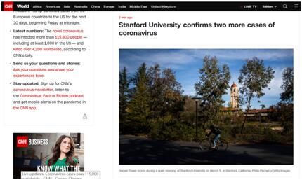 快讯！美国斯坦福大学新增2例新冠肺炎病例，累计3例