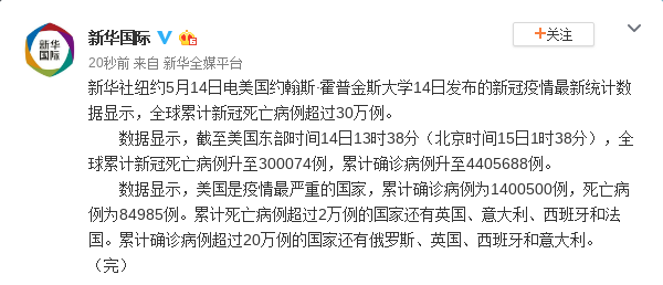 美国新冠肺炎确诊病例超140万例 全球超440万例