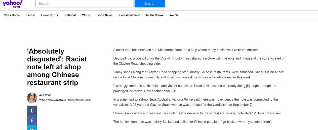 外媒:澳大利亚一家中国商铺被贴种族歧视纸条,当地官员怒批“肮脏且令人作呕”
