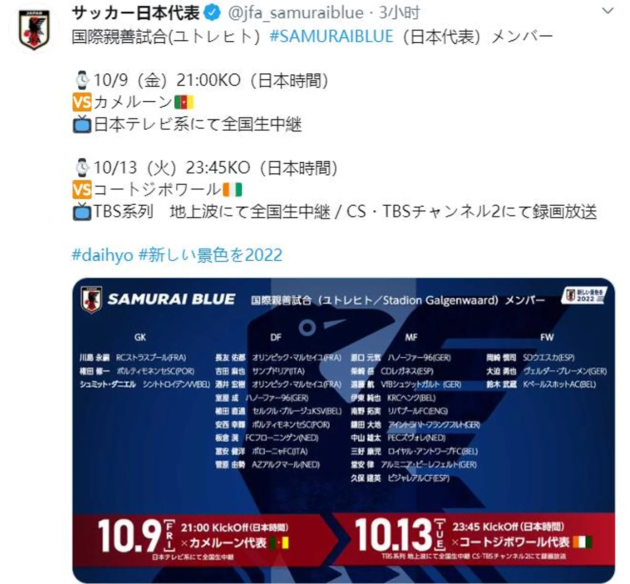 日本男足新一期名单公布,均为在欧洲联赛效力的留洋球员