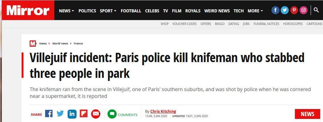 快讯！巴黎市郊持刀行凶男子已被警方击毙，当时似乎还身穿炸弹背心