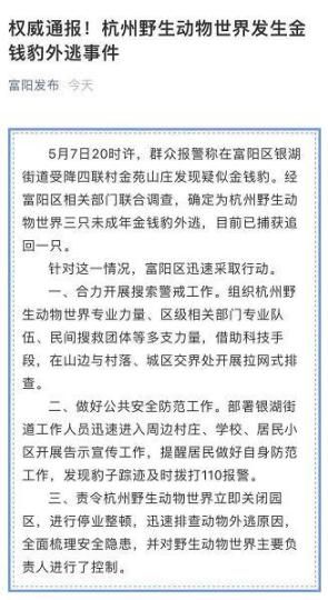 杭州野生动物世界三只金钱豹外逃 目前已捕获追回一只