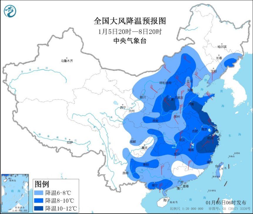 寒潮蓝色预警：中东部地区气温将普遍下降6～8℃
