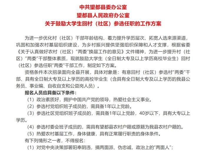 河北望都出台鼓励大学生回乡参选任职方案 明确政策待遇