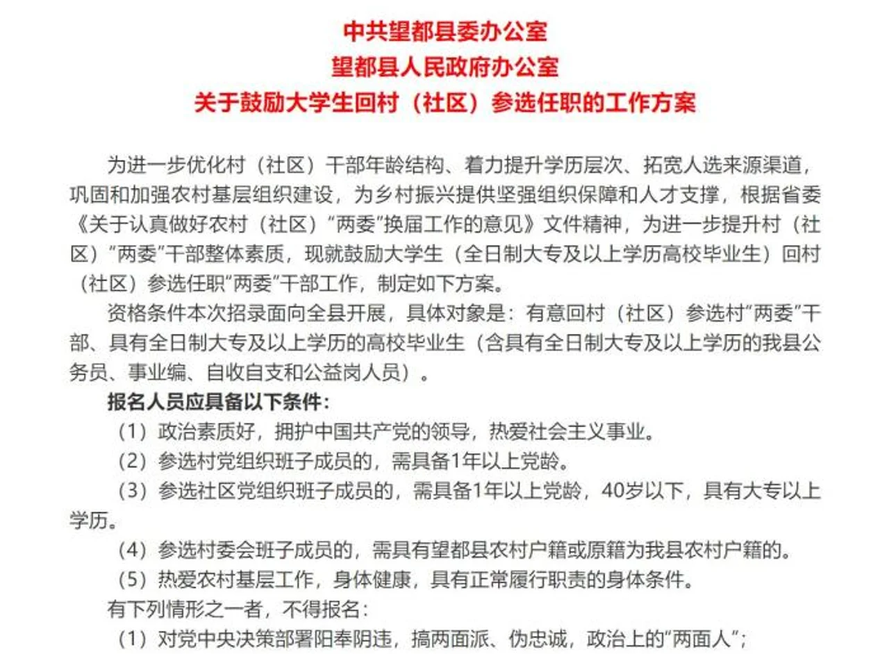 河北望都出台鼓励大学生回乡参选任职方案 明确政策待遇