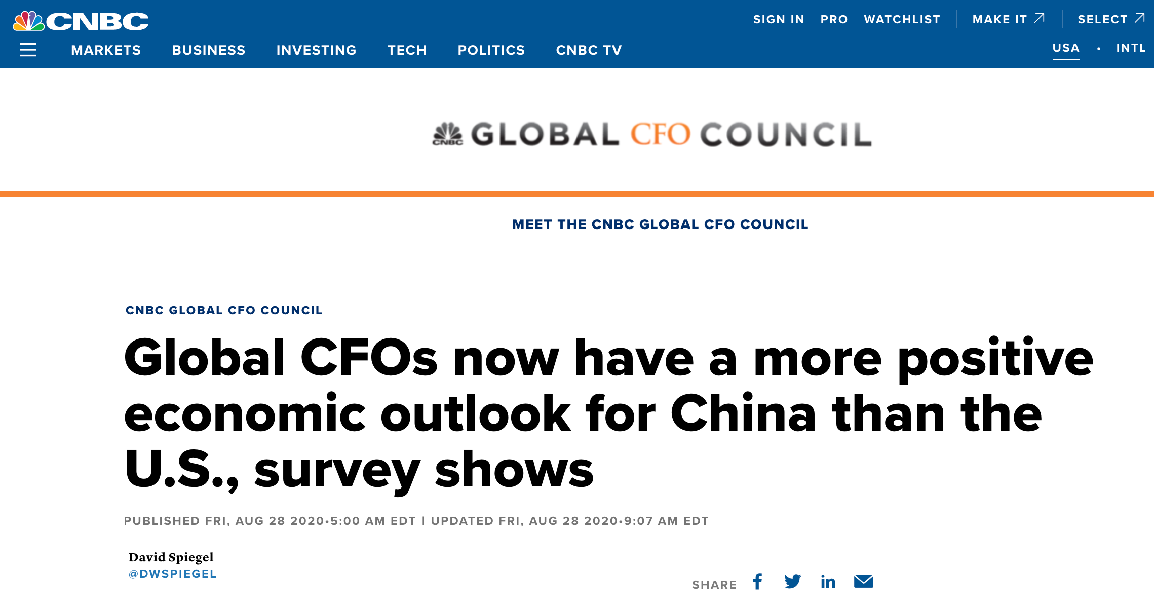 全球企业界人士：与美国相比更看好中国经济