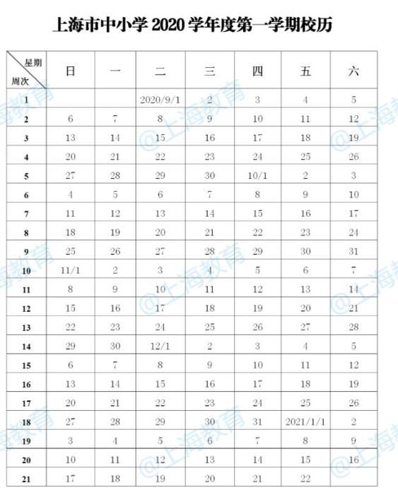 上海市中小学2020学年度校历公布：9月1日开学
