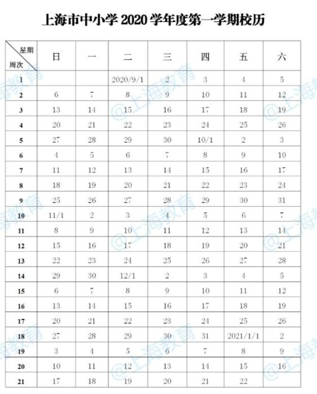 上海市中小学2020学年度校历公布:9月1日开学