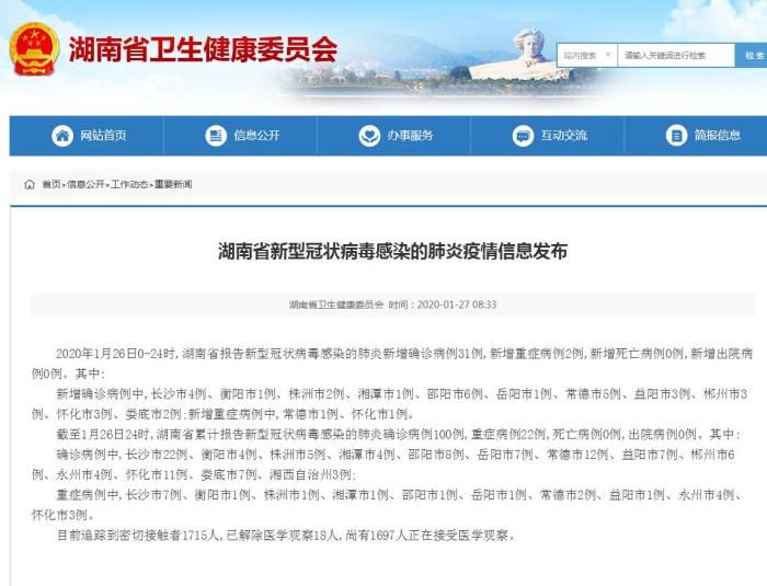 26日湖南省新增31例新型冠状病毒感染的肺炎确诊病例
