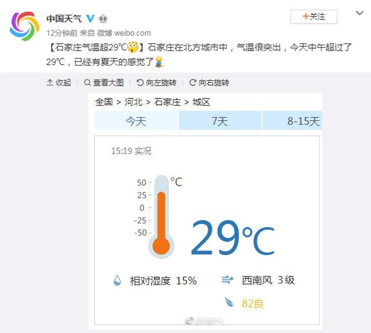 河北石家庄20日中午气温超29℃