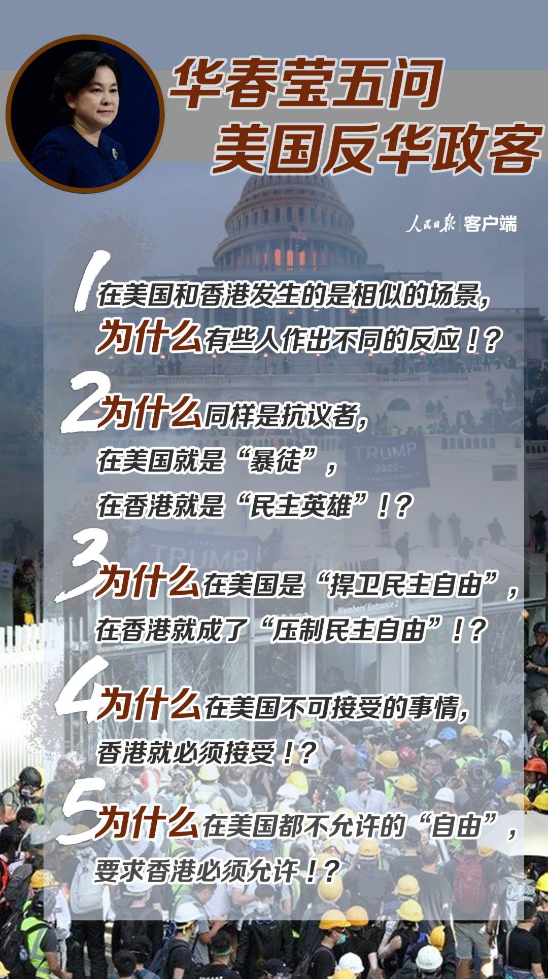 请回答！华春莹五问美国反华政客