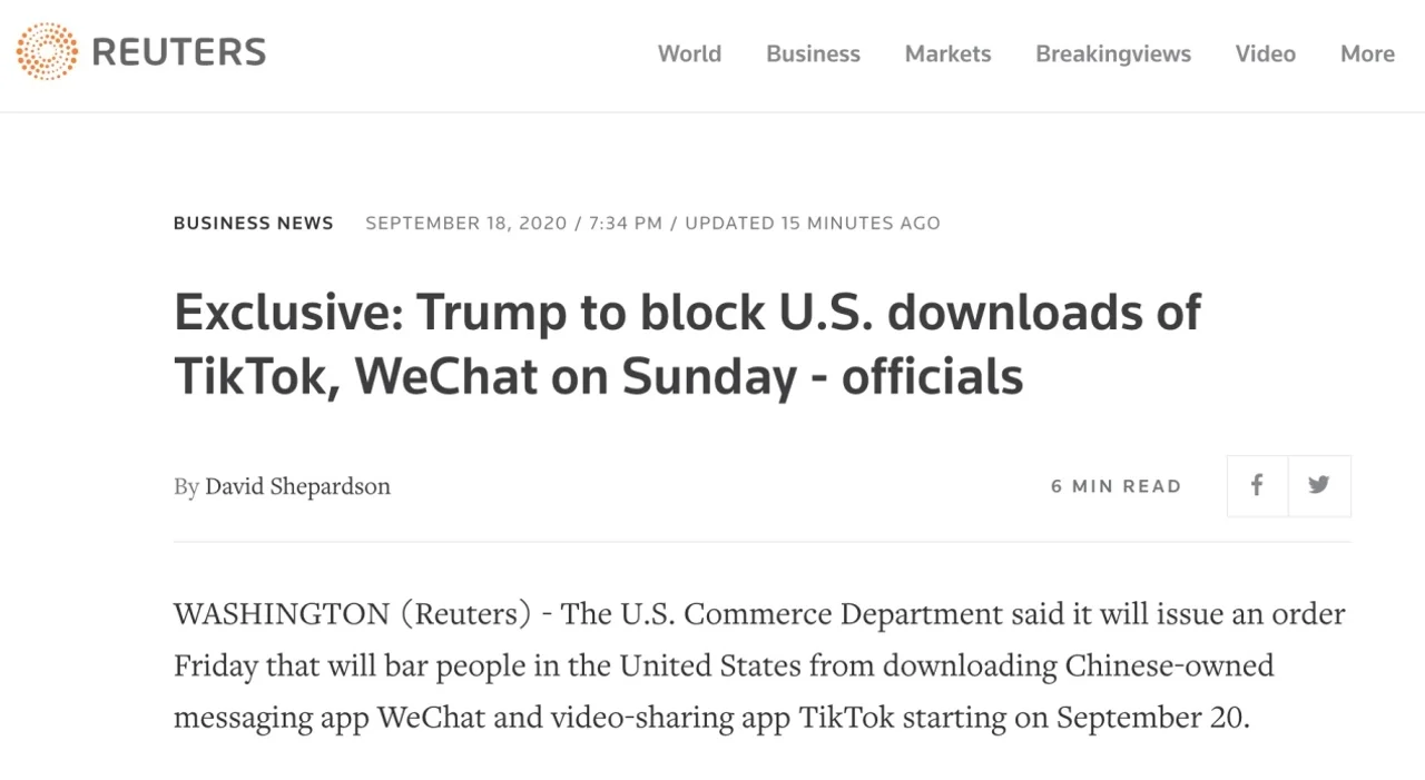 外媒:美政府计划9月20日起禁止在美境内下载TikTok和微信,在等特朗普拍板