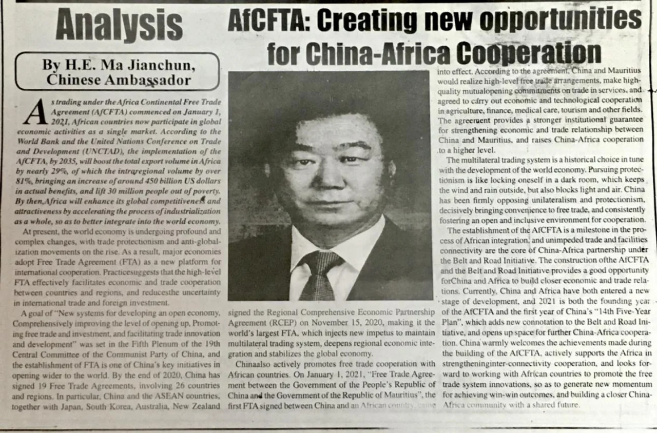 中国驻冈比亚大使发表署名文章 宣介中国欢迎并支持非洲自贸区建设取得积极进展
